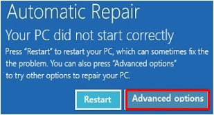 윈도우 automatic repair 화면에서 advanced options 선택하는 이미지(영문화면)