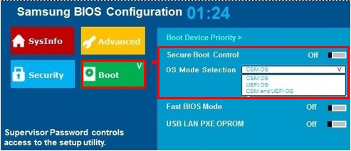 boot 메뉴에서 Secure Boot를 Disable하고 CSM and UEFI OS를 선택하는 이미지
