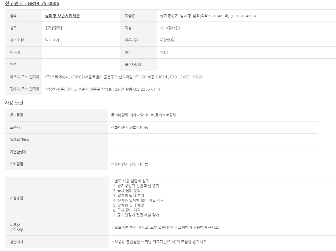 제품명	공기청정기 일체형 필터(디비63-03463비) (DB63-03463B) 품목군	보존·보존처리제품 품목	필터형 보존처리제품 어린이보호포장 대상	미해당 제품제형	분사형-기타(필터형) 제품용도	공기청정기용 유통기한	정보 없음 중량·용량·매수·크기	1 (매수) 어는점	정보 없음 액성	정보 없음 표준사용량	정보 없음 제조자, 주소, 연락처	(주)쓰리에이씨 , 서울특별시 금천구 가산디지털1로 168 비동 1307호 , 063 - 532 - 9931 판매자, 주소, 연락처	삼성전자(주) 경기도 수원시 영통구 삼성로 129 (매탄동) 02-2255-0114 사용방법	- 별도 사용 설명서 참조 1. 공기청정기 전면 패널 열기 2. 극세 필터 분리 3. 일체형 필터 분리 4. 신제품 일체형 필터 비닐 제거 5. 일체형 필터 체결 6. 극세 필터 체결 7. 공기청정기 전면 패널 닫기 사용상 주의사항	- 물로 세척하지 마시고, 교체 알람에 따라 교체하여 사용하여 주세요. 응급처치	- 사용상 불편함을 느끼면 의료기관(의사)의 도움을 받으시오. 주요물질	폴리에틸렌 테레프탈레이트,폴리프로필렌 화학물질의 정보	폴리에틸렌 테레프탈레이트     폴리프로필렌     보존제	산화아연,이산화 티타늄 알레르기반응가능물질	정보 없음 계면활성제	정보 없음 형광증백제	정보 없음 기타물질	산화아연,이산화 티타늄