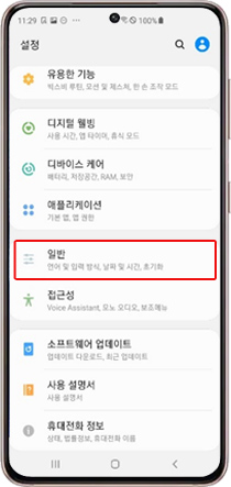설정 앱 내 일반 항목을 선택하세요