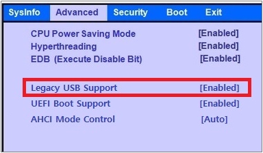 Legacy USB Support 항목이 Enabled 로 설정되어있는지 확인하는 이미지