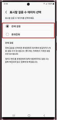 전체 걸음 또는 휴대전화 선택