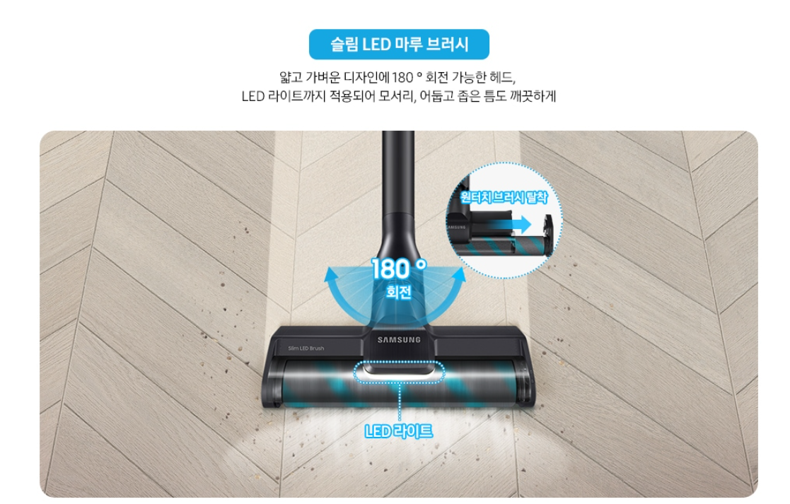 민감한 바닥재도 부드럽게 청소 가능한 슬림 LED 마루 브러시 은사가 포함된 융 소재의 브러시로 마루와 장판을 더 깔끔하게 청소하세요. 슬림 LED 마루 브러시로 보이지 않는 미세먼지까지 깔끔하게 청소할 수 있습니다. 슬림 LED 마루 브러시 얇고 가벼운 디자인에 180도 회전 가능한 헤드 LED라이트까지 적용되어 모서리 어둡고 좁은 틈도 깨끗하게