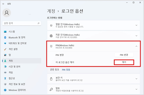 핀 탭에서 이로그인 옵션 제거에서 제거 선택하여 이전 핀 제거하기