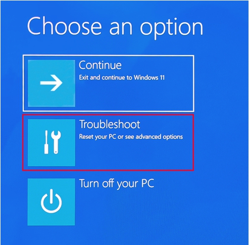 choose an 화면이 나타나면 문제 해결(Troubleshoot) 선택하기
