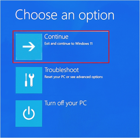 Choose an option 화면에서 계속(Continue)]을 선택하여 pc 재부팅하기