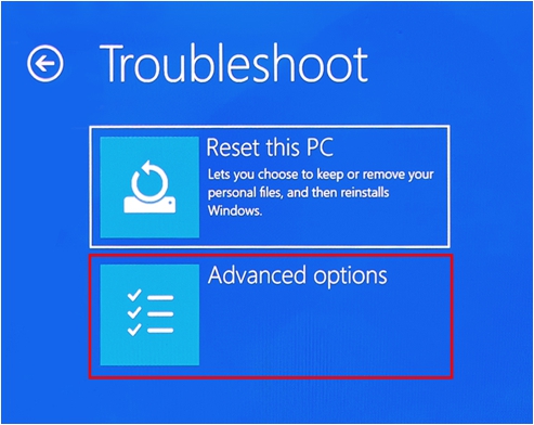 Troubleshoot 화면에서 고급 옵션(Advanced option) 선택하기