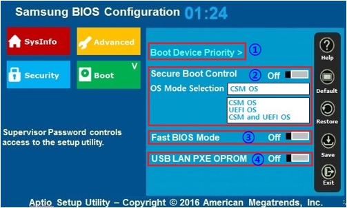 boot 메뉴 선택시 Boot Device Priority, Secure Boot Control, OS Mode Selection , Fast BIOS Mode, USB LAN PXE OPROM 항목을 설정할수 있음