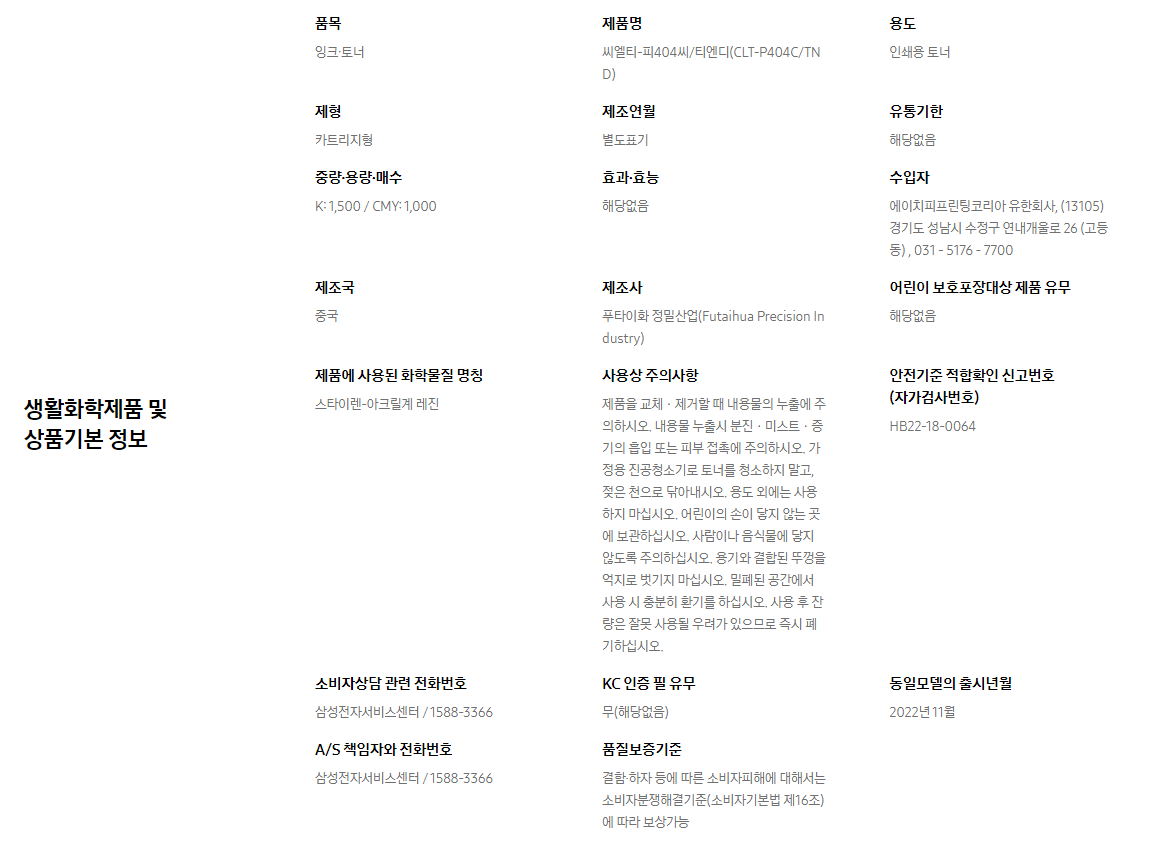 생활화학제품 및 상품기본 정보  품목 잉크∙토너    제품명 씨엘티-피404씨/티엔디(CLT-P404C/TND)    용도 인쇄용 토너    제형 카트리지형    제조연월 별도표기    유통기한 해당없음    중량∙용량∙매수 K: 1,500 / CMY: 1,000    효과∙효능 해당없음    수입자 에이치피프린팅코리아 유한회사, (13105)경기도 성남시 수정구 연내개울로 26 (고등동) , 031 - 5176 - 7700    제조국 중국    제조사 푸타이화 정밀산업(Futaihua Precision Industry)    어린이 보호포장대상 제품 유무 해당없음    제품에 사용된 화학물질 명칭 스타이렌-아크릴계 레진    사용상 주의사항 제품을 교체ㆍ제거할 때 내용물의 누출에 주의하시오. 내용물 누출시 분진ㆍ미스트ㆍ증기의 흡입 또는 피부 접촉에 주의하시오. 가정용 진공청소기로 토너를 청소하지 말고, 젖은 천으로 닦아내시오. 용도 외에는 사용하지 마십시오. 어린이의 손이 닿지 않는 곳에 보관하십시오. 사람이나 음식물에 닿지 않도록 주의하십시오. 용기와 결합된 뚜껑을 억지로 벗기지 마십시오. 밀폐된 공간에서 사용 시 충분히 환기를 하십시오. 사용 후 잔량은 잘못 사용될 우려가 있으므로 즉시 폐기하십시오.    안전기준 적합확인 신고번호(자가검사번호) HB22-18-0064    소비자상담 관련 전화번호 삼성전자서비스센터 / 1588-3366    KC 인증 필 유무 무(해당없음)    동일모델의 출시년월 2022년 11월    A/S 책임자와 전화번호 삼성전자서비스센터 / 1588-3366    품질보증기준 결함·하자 등에 따른 소비자피해에 대해서는 소비자분쟁해결기준(소비자기본법 제16조)에 따라 보상가능