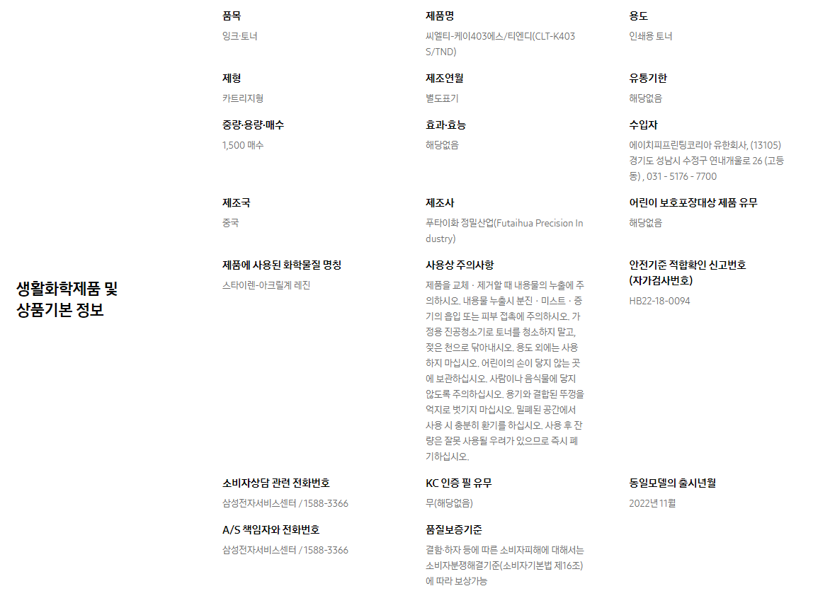 생활화학제품 및 상품기본 정보  품목 잉크∙토너    제품명 씨엘티-케이403에스/티엔디(CLT-K403S/TND)    용도 인쇄용 토너    제형 카트리지형    제조연월 별도표기    유통기한 해당없음    중량∙용량∙매수 1,500 매수    효과∙효능 해당없음    수입자 에이치피프린팅코리아 유한회사, (13105)경기도 성남시 수정구 연내개울로 26 (고등동) , 031 - 5176 - 7700    제조국 중국    제조사 푸타이화 정밀산업(Futaihua Precision Industry)    어린이 보호포장대상 제품 유무 해당없음    제품에 사용된 화학물질 명칭 스타이렌-아크릴계 레진    사용상 주의사항 제품을 교체ㆍ제거할 때 내용물의 누출에 주의하시오. 내용물 누출시 분진ㆍ미스트ㆍ증기의 흡입 또는 피부 접촉에 주의하시오. 가정용 진공청소기로 토너를 청소하지 말고, 젖은 천으로 닦아내시오. 용도 외에는 사용하지 마십시오. 어린이의 손이 닿지 않는 곳에 보관하십시오. 사람이나 음식물에 닿지 않도록 주의하십시오. 용기와 결합된 뚜껑을 억지로 벗기지 마십시오. 밀폐된 공간에서 사용 시 충분히 환기를 하십시오. 사용 후 잔량은 잘못 사용될 우려가 있으므로 즉시 폐기하십시오.    안전기준 적합확인 신고번호(자가검사번호) HB22-18-0094    소비자상담 관련 전화번호 삼성전자서비스센터 / 1588-3366    KC 인증 필 유무 무(해당없음)    동일모델의 출시년월 2022년 11월    A/S 책임자와 전화번호 삼성전자서비스센터 / 1588-3366    품질보증기준 결함·하자 등에 따른 소비자피해에 대해서는 소비자분쟁해결기준(소비자기본법 제16조)에 따라 보상가능