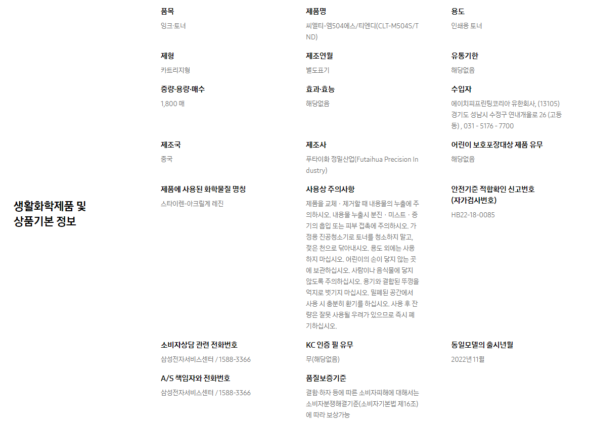 생활화학제품 및 상품기본 정보  품목 잉크∙토너    제품명 씨엘티-엠504에스/티엔디(CLT-M504S/TND)    용도 인쇄용 토너    제형 카트리지형    제조연월 별도표기    유통기한 해당없음    중량∙용량∙매수 1,800 매    효과∙효능 해당없음    수입자 에이치피프린팅코리아 유한회사, (13105)경기도 성남시 수정구 연내개울로 26 (고등동) , 031 - 5176 - 7700    제조국 중국    제조사 푸타이화 정밀산업(Futaihua Precision Industry)    어린이 보호포장대상 제품 유무 해당없음    제품에 사용된 화학물질 명칭 스타이렌-아크릴계 레진    사용상 주의사항 제품을 교체ㆍ제거할 때 내용물의 누출에 주의하시오. 내용물 누출시 분진ㆍ미스트ㆍ증기의 흡입 또는 피부 접촉에 주의하시오. 가정용 진공청소기로 토너를 청소하지 말고, 젖은 천으로 닦아내시오. 용도 외에는 사용하지 마십시오. 어린이의 손이 닿지 않는 곳에 보관하십시오. 사람이나 음식물에 닿지 않도록 주의하십시오. 용기와 결합된 뚜껑을 억지로 벗기지 마십시오. 밀폐된 공간에서 사용 시 충분히 환기를 하십시오. 사용 후 잔량은 잘못 사용될 우려가 있으므로 즉시 폐기하십시오.    안전기준 적합확인 신고번호(자가검사번호) HB22-18-0085    소비자상담 관련 전화번호 삼성전자서비스센터 / 1588-3366    KC 인증 필 유무 무(해당없음)    동일모델의 출시년월 2022년 11월    A/S 책임자와 전화번호 삼성전자서비스센터 / 1588-3366    품질보증기준 결함·하자 등에 따른 소비자피해에 대해서는 소비자분쟁해결기준(소비자기본법 제16조)에 따라 보상가능