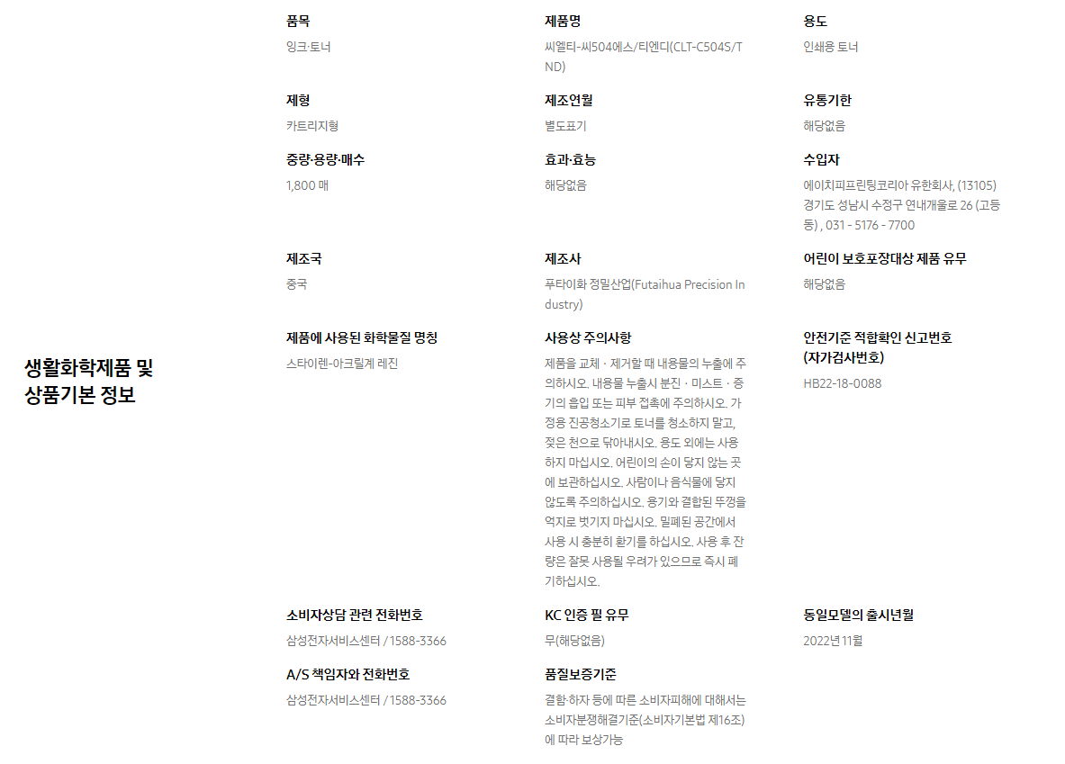 생활화학제품 및 상품기본 정보  품목 잉크∙토너    제품명 씨엘티-씨504에스/티엔디(CLT-C504S/TND)    용도 인쇄용 토너    제형 카트리지형    제조연월 별도표기    유통기한 해당없음    중량∙용량∙매수 1,800 매    효과∙효능 해당없음    수입자 에이치피프린팅코리아 유한회사, (13105)경기도 성남시 수정구 연내개울로 26 (고등동) , 031 - 5176 - 7700    제조국 중국    제조사 푸타이화 정밀산업(Futaihua Precision Industry)    어린이 보호포장대상 제품 유무 해당없음    제품에 사용된 화학물질 명칭 스타이렌-아크릴계 레진    사용상 주의사항 제품을 교체ㆍ제거할 때 내용물의 누출에 주의하시오. 내용물 누출시 분진ㆍ미스트ㆍ증기의 흡입 또는 피부 접촉에 주의하시오. 가정용 진공청소기로 토너를 청소하지 말고, 젖은 천으로 닦아내시오. 용도 외에는 사용하지 마십시오. 어린이의 손이 닿지 않는 곳에 보관하십시오. 사람이나 음식물에 닿지 않도록 주의하십시오. 용기와 결합된 뚜껑을 억지로 벗기지 마십시오. 밀폐된 공간에서 사용 시 충분히 환기를 하십시오. 사용 후 잔량은 잘못 사용될 우려가 있으므로 즉시 폐기하십시오.    안전기준 적합확인 신고번호(자가검사번호) HB22-18-0088    소비자상담 관련 전화번호 삼성전자서비스센터 / 1588-3366    KC 인증 필 유무 무(해당없음)    동일모델의 출시년월 2022년 11월    A/S 책임자와 전화번호 삼성전자서비스센터 / 1588-3366    품질보증기준 결함·하자 등에 따른 소비자피해에 대해서는 소비자분쟁해결기준(소비자기본법 제16조)에 따라 보상가능