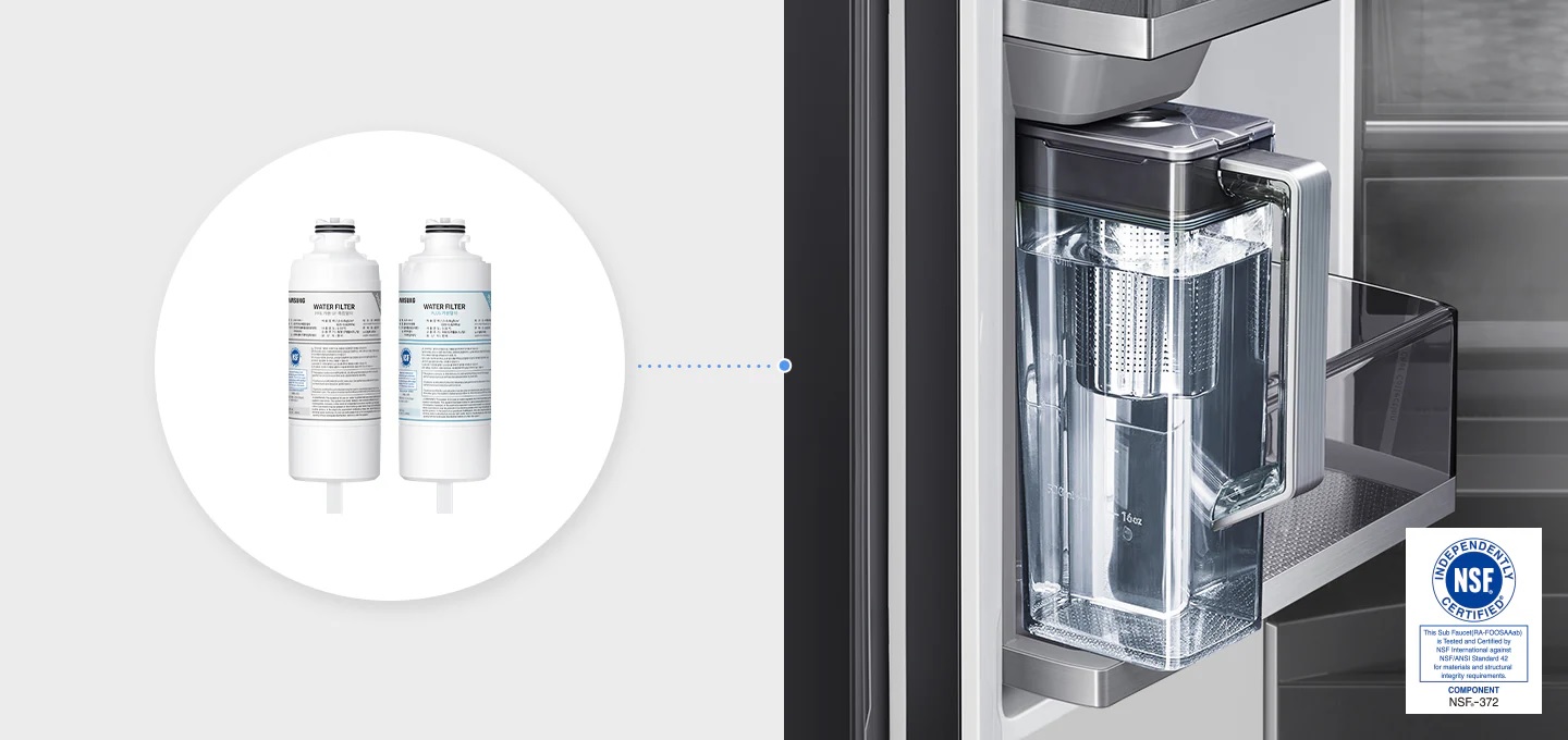 물과 얼음을 더욱 깨끗하게 냉장고 밖에 설치하는 NSF 인증을 받은 언더싱크 4단계 정수필터로 냉장고 내부 공간은 더욱 넓고 효율적으로, 필터 교체는 더욱 간편하게 사용할 수 있습니다.
