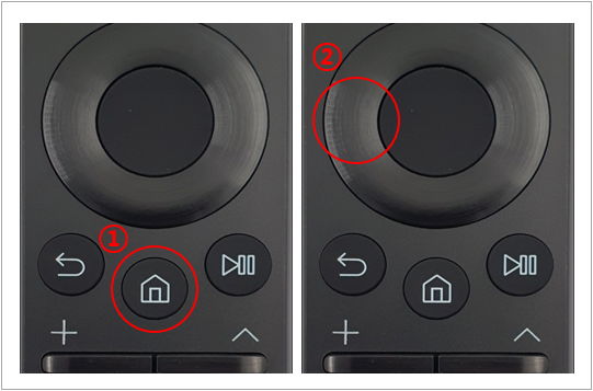 12. 리모컨의 ① 홈 버튼을 누르고 ② 왼쪽 방향키 버튼으로 이동해 주세요.