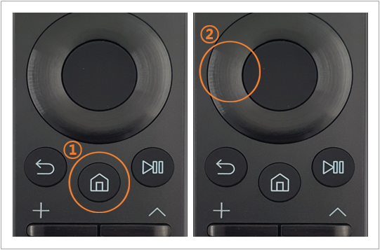 TV 리모컨의 ① 홈 버튼을 눌러 홈 메뉴 진입 후 ② 방향 버튼으로 이동해 주세요