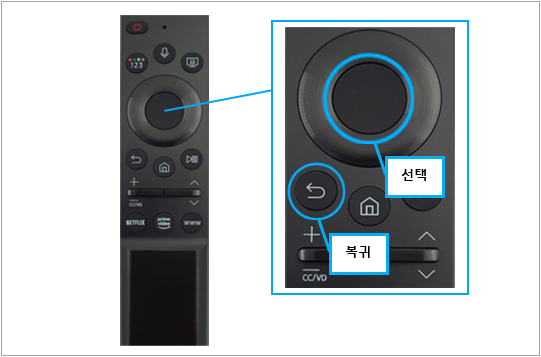 TV 충전식 스마트 리모컨 초기화 방법 : '복귀' 버튼과 '선택' 버튼을 동시에 10초 이상 눌러주세요.