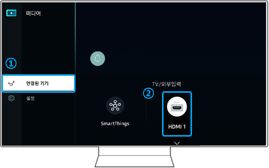 2) TV 홈 메뉴가 뜨면 TV 리모컨 왼쪽(←) 방향 버튼을 눌러 ① 연결된 기기 → ② 'HDMI 1'을 선택해 주세요. 
