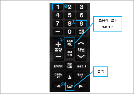 1. TV 리모컨으로 조용히 + 1 + 1 + 9 + 선택 버튼 순서로 눌러주세요.(입력이 늦으면 실행되지 않습니다.)