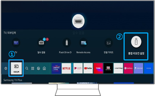 2. TV 홈 메뉴가 뜨면 TV 리모컨 왼쪽(←) 방향 버튼을 눌러 ① '외부입력'으로 이동 후 오른쪽(→) 상단 ② '통합 리모컨 설정'을 선택해 주세요.