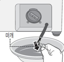 세탁기 문이 안열리는 증상에 대한  호스 끝의 마개를 뽑으면 물이 흘러나오는 이미지