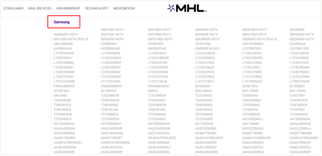 MHL 홈페이지 아래의 호환되는 Samsung TV 모델을 확인해 볼 수 있습니다