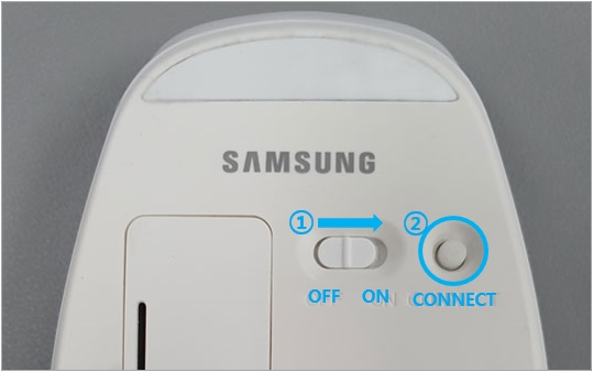 7. 블루투스 마우스 제품인 경우 ① 전원을 켜고 ② CONNECT 버튼을 눌러 페어링해 주세요.