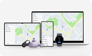 내비게이션 지도 위에 갤럭시 기기와 Samsung Find 위치 찾기 아이콘 표시 이미지