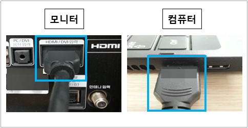  2. 모니터 뒷면 HDMI 단자에 케이블 한쪽을 연결하고, 연결하기 위한 컴퓨터 뒷면에 HDMI 단자에 케이블 다른 한쪽을 연결해 주세요. 
