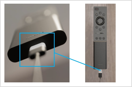 3. 만약 리모컨 배터리가 부족하여 동작하지 않는 경우 USB 케이블을 리모컨 하단에 연결하여 충전 후 사용하시기 바랍니다.