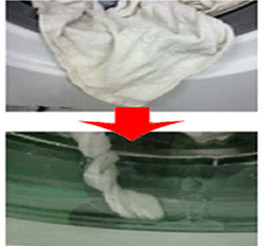 세탁기 도어가 닫히지 않는 경우 세탁물이 도어에 낀 상태에 대한 표시 이미지 