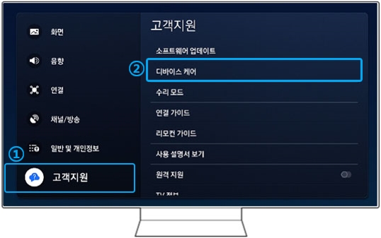 ① 고객지원 → ② '디바이스 케어'를 선택해 주세요