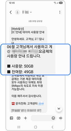 통신사 데이터 사용량 문자 예시