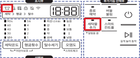 세탁물 추가 버튼이 있는 조작부 이미지