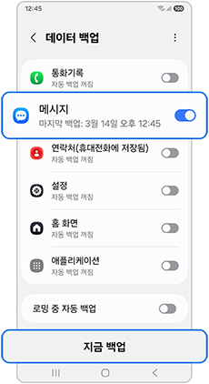 원하는 데이터를 선택 후 지금 백업을 눌러주세요