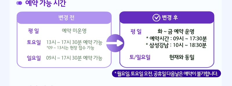  예약가능시간 변경전 평일 미운영이나 변경 후 평일 화~금 예약운영 예약시간 09~ 17:30분 삼성강남센터는  10~ 18:30분 토,일요일은 현재와 동일 주중,공휴일 다음날 평일은 예약이 불가합니다