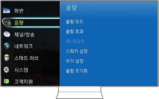 TV 리모컨의 '메뉴' 버튼을 눌러 '음향'을 선택해 주세요.