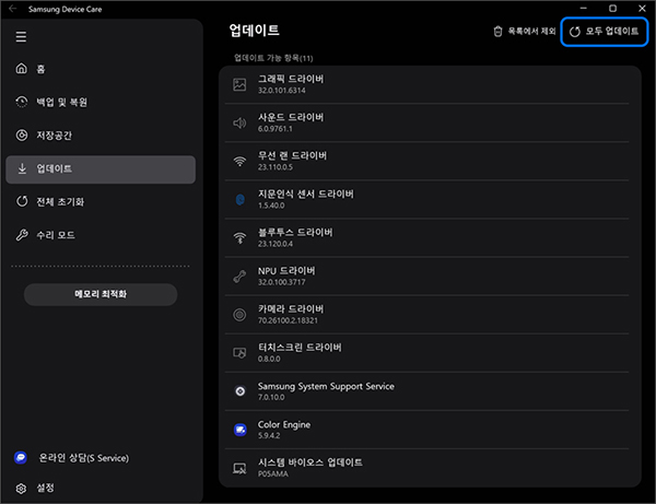 업데이트 가능한 드라이버 목록이 표시되며 우측 상단 모두 업데이트를 선택하여 업데이트를 진행하세요