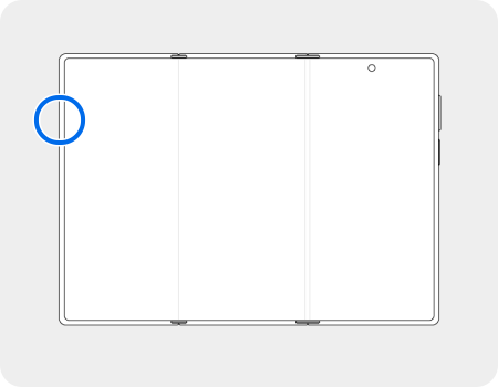 갤럭시 Z 트라이폴드를 펼친 상태에서 왼쪽 측면에 유심 트레이가 있습니다
