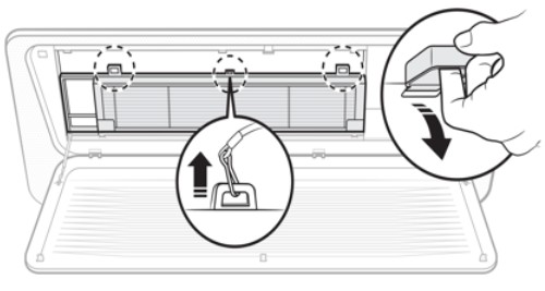  안전고리를 분리한 후 청정필터(PM1.0)를 분리해 주세요 