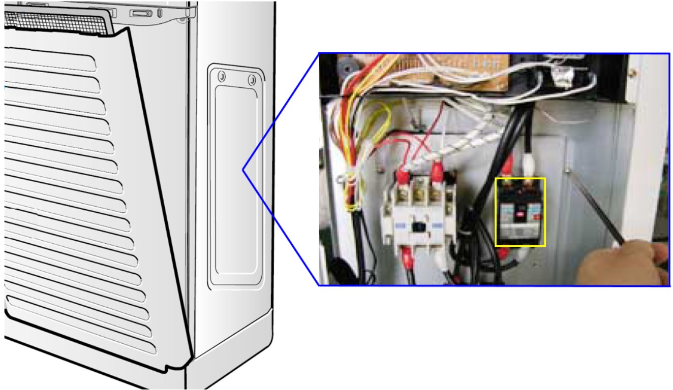 제품 우측 옆면에 있는 히터용 차단기 확인하기