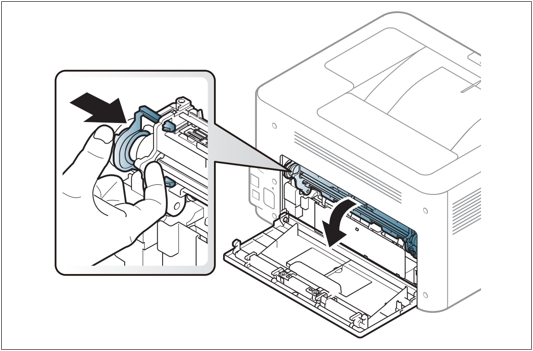  왼쪽 연두색 레버를 눌러 트랜스퍼 유닛을 열어주세요