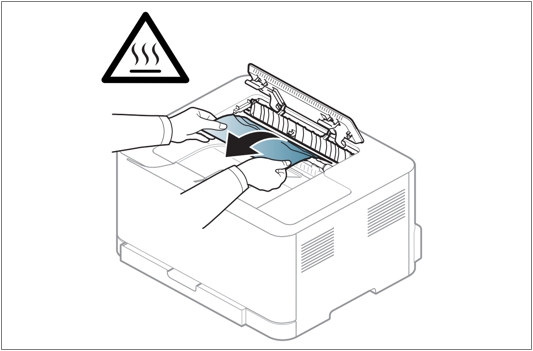 용지 배출구에 걸린 용지를 양손으로 천천히 잡아 당겨 제거해 주세요