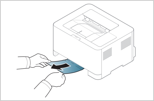 용지함을 꺼낸 후 걸린 용지를 두손으로 꺼내는 모습