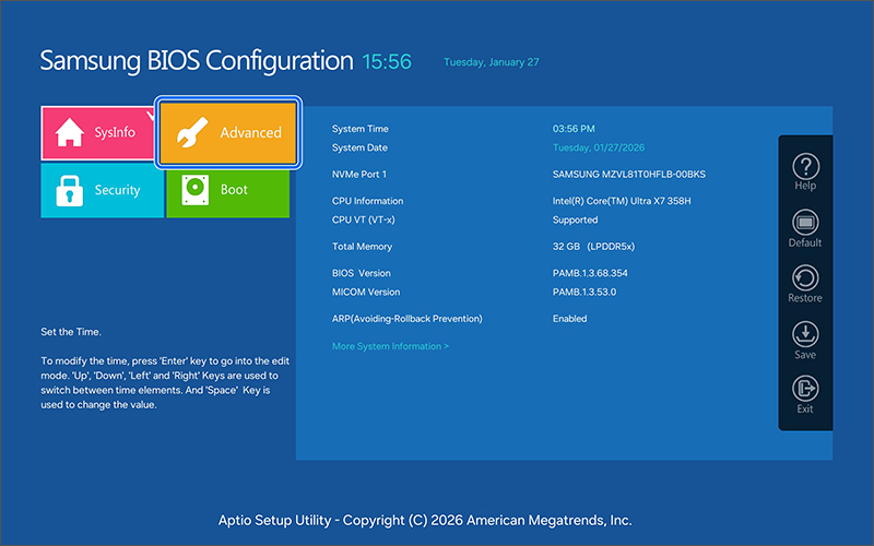 BIOS 왼쪽 메뉴에서 Advanced 항목을 선택하세요