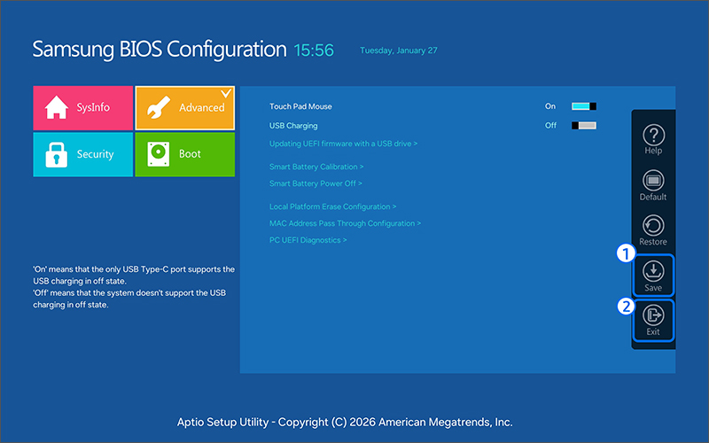 른쪽 메뉴에서 Save를 눌러 저장 후 Exit를 눌러 BIOS를 종료하세요