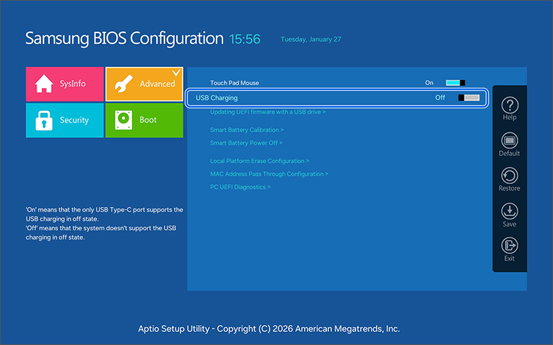 USB Charging 기능을 OFF로 변경하세요