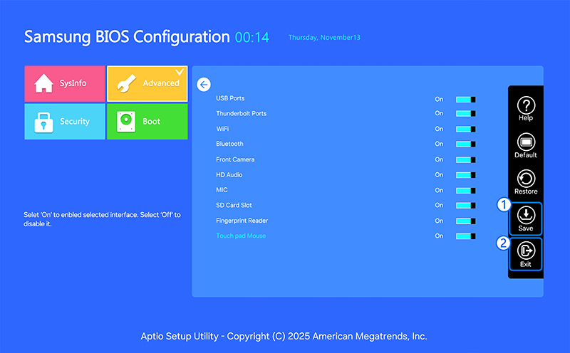 변경한 내용을 Save 버튼을 눌러 저장 후 Exit를 눌러 BIOS를 종료하세요