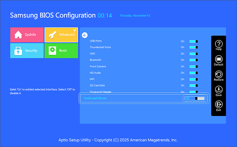 Touch Pad Mouse가 Off로 되어 있다면 On으로 변경하세요