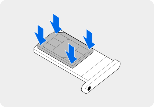 3단계) USIM 카드의 금속 콘택트 부분이 위를 향하도록 하여 심카드 트레이의 홈에 맞게 위치시킨 후, 가볍게 눌러 정확히 끼우세요. 