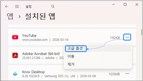 윈도우 설정의 앱 메뉴에서 설치된 앱의 더보기 클릭후 고급옵션 보기 선택